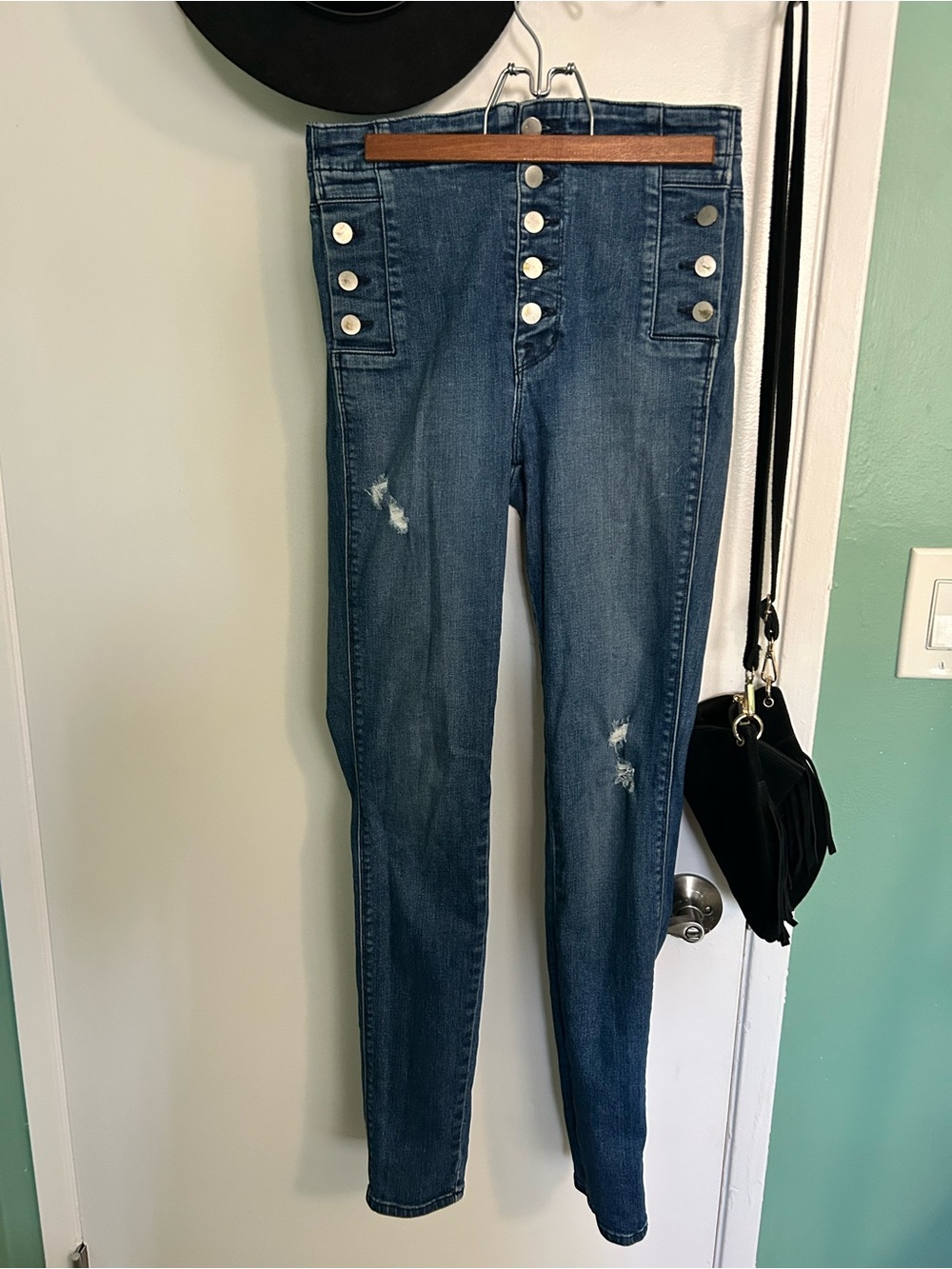 High-Waist Button-Front Skinny Jeans - Blue